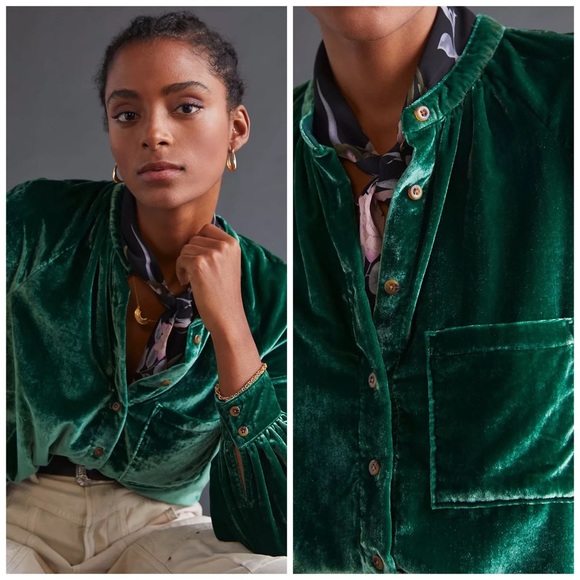 Pilcro for Anthropologie Green Puff-Sleeved Velvet Buttondown NWT Medium - Picture 1 of 12